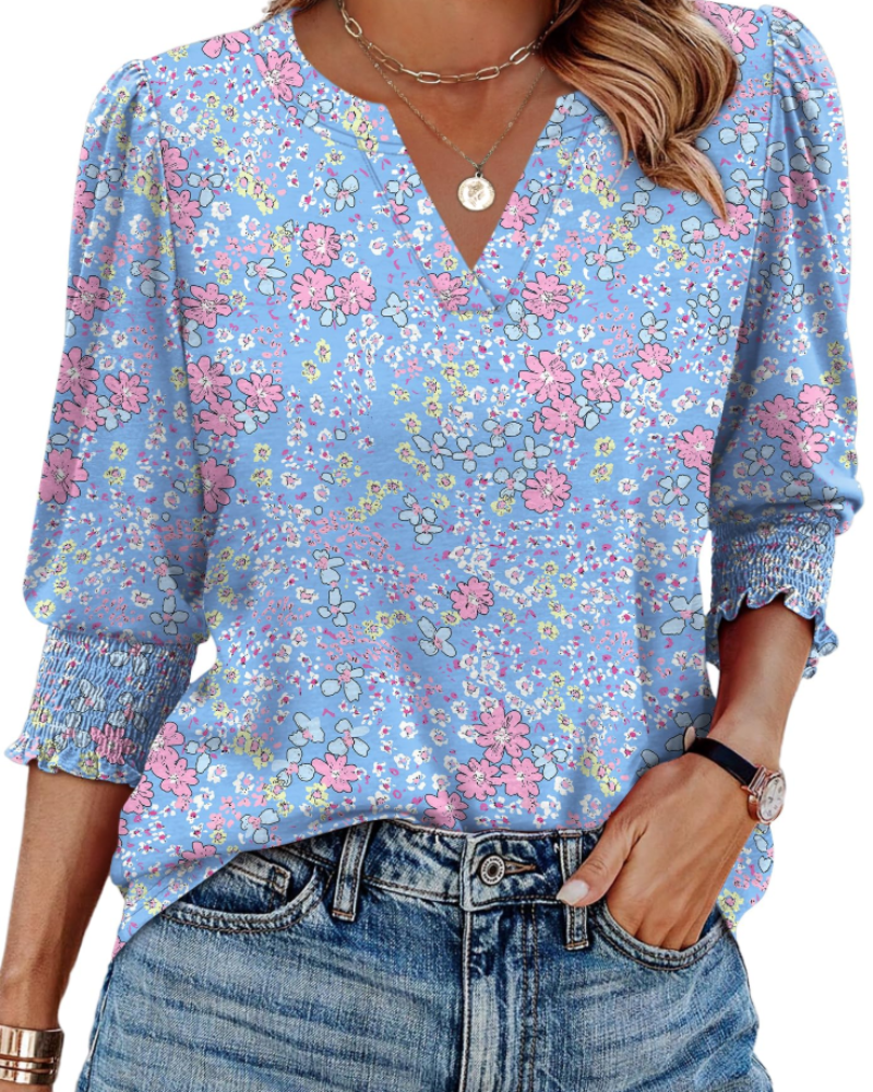 Veda Blouse Femme – Top Col V Manches 3/4 Bouffantes & Poignets Smockés Chic