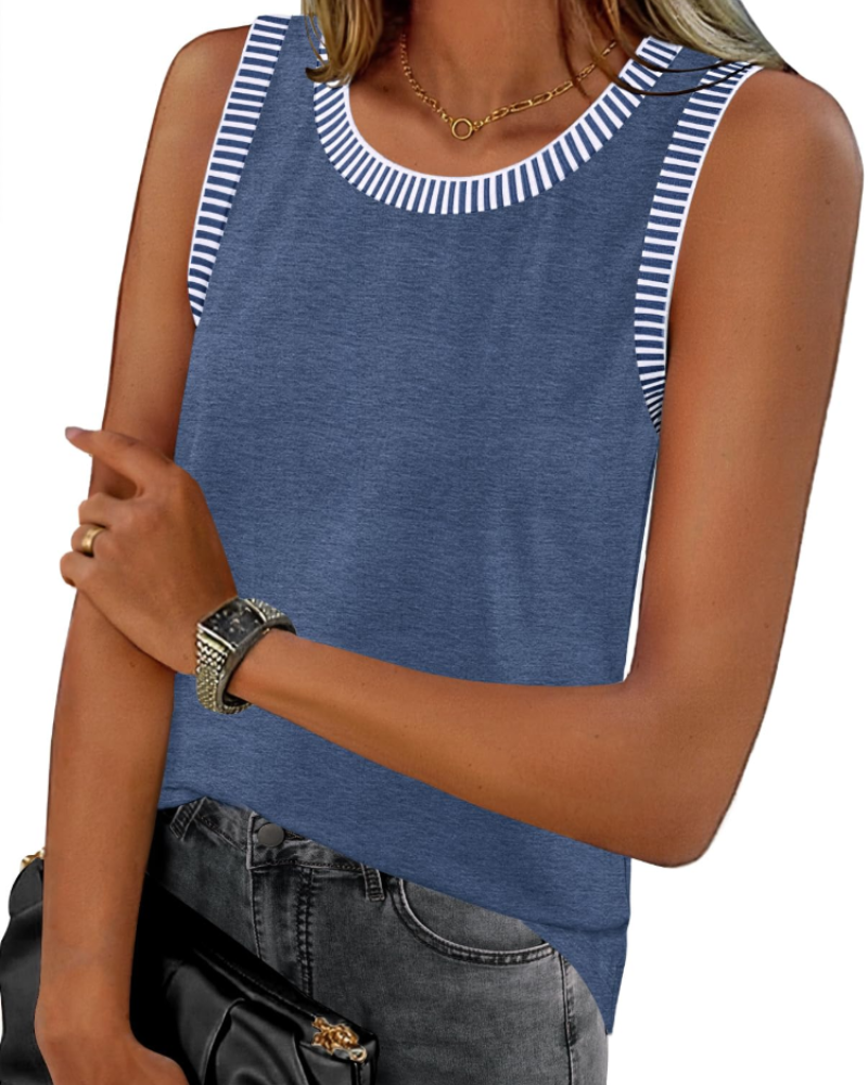 Zariah Débardeur Femme – Top Sans Manches Col Rond avec Détails Rayés & Coupe Loose