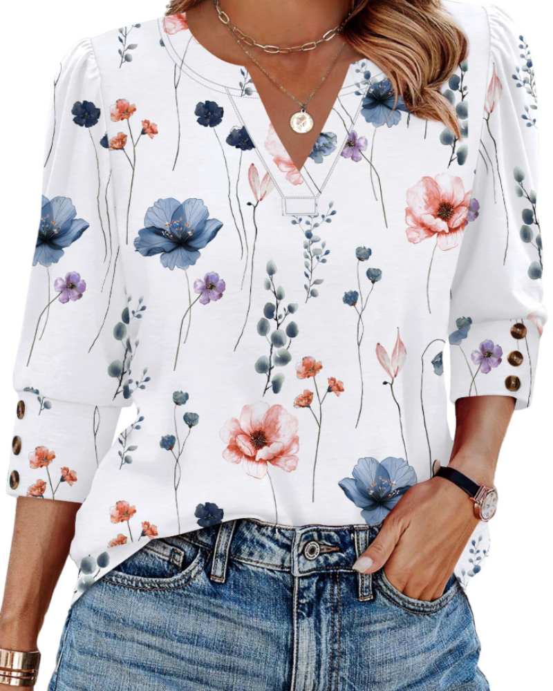 Bluză Zeline pentru femei – Top cu guler în V, mâneci 3/4 cu nasturi și stil business casual