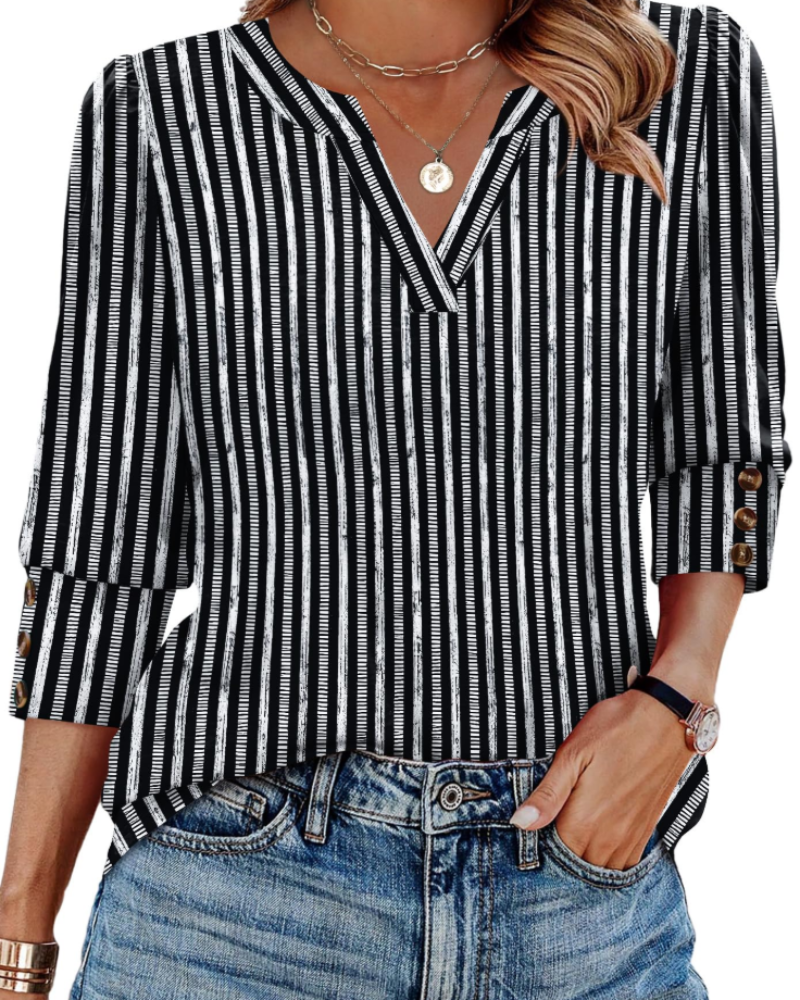 Bluză Zeline pentru femei – Top cu guler în V, mâneci 3/4 cu nasturi și stil business casual