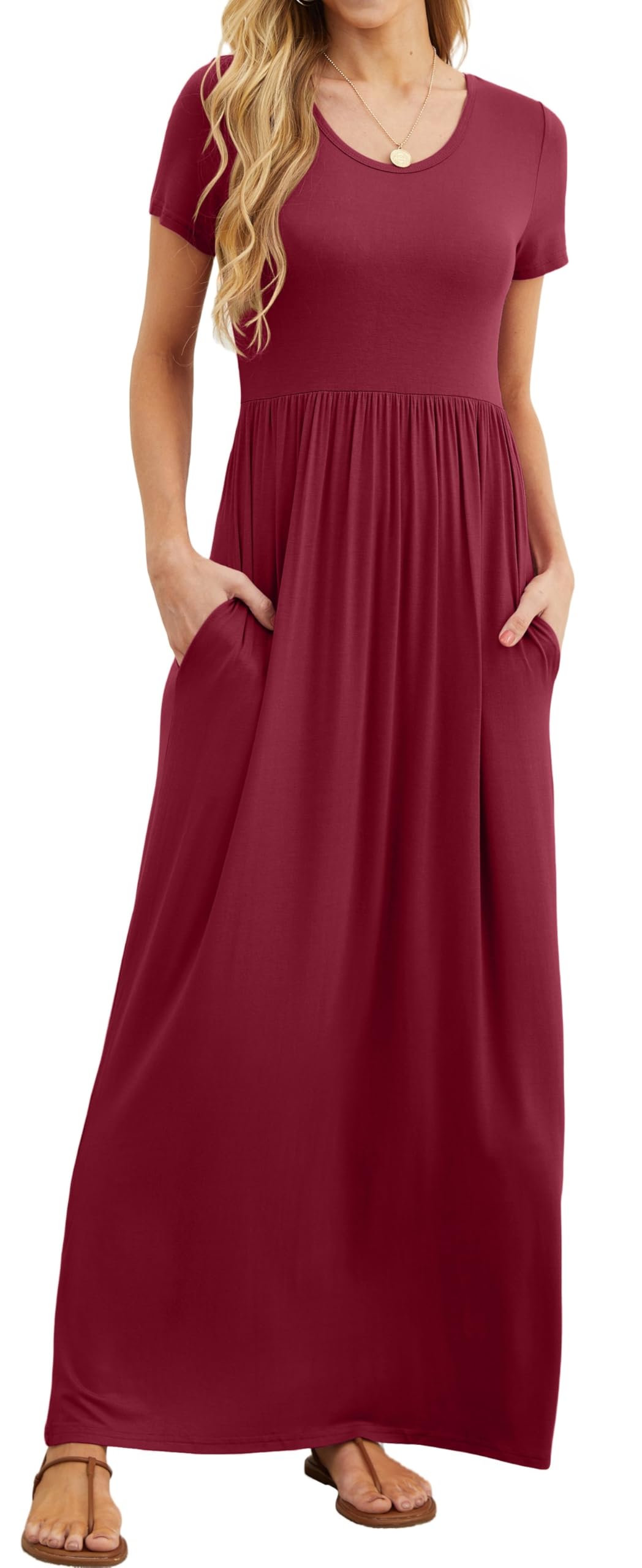 Bridget Maxikleid für Damen – Rundhalsausschnitt Uni, Fließender Schnitt & Hohe Taille mit Taschen Sommer