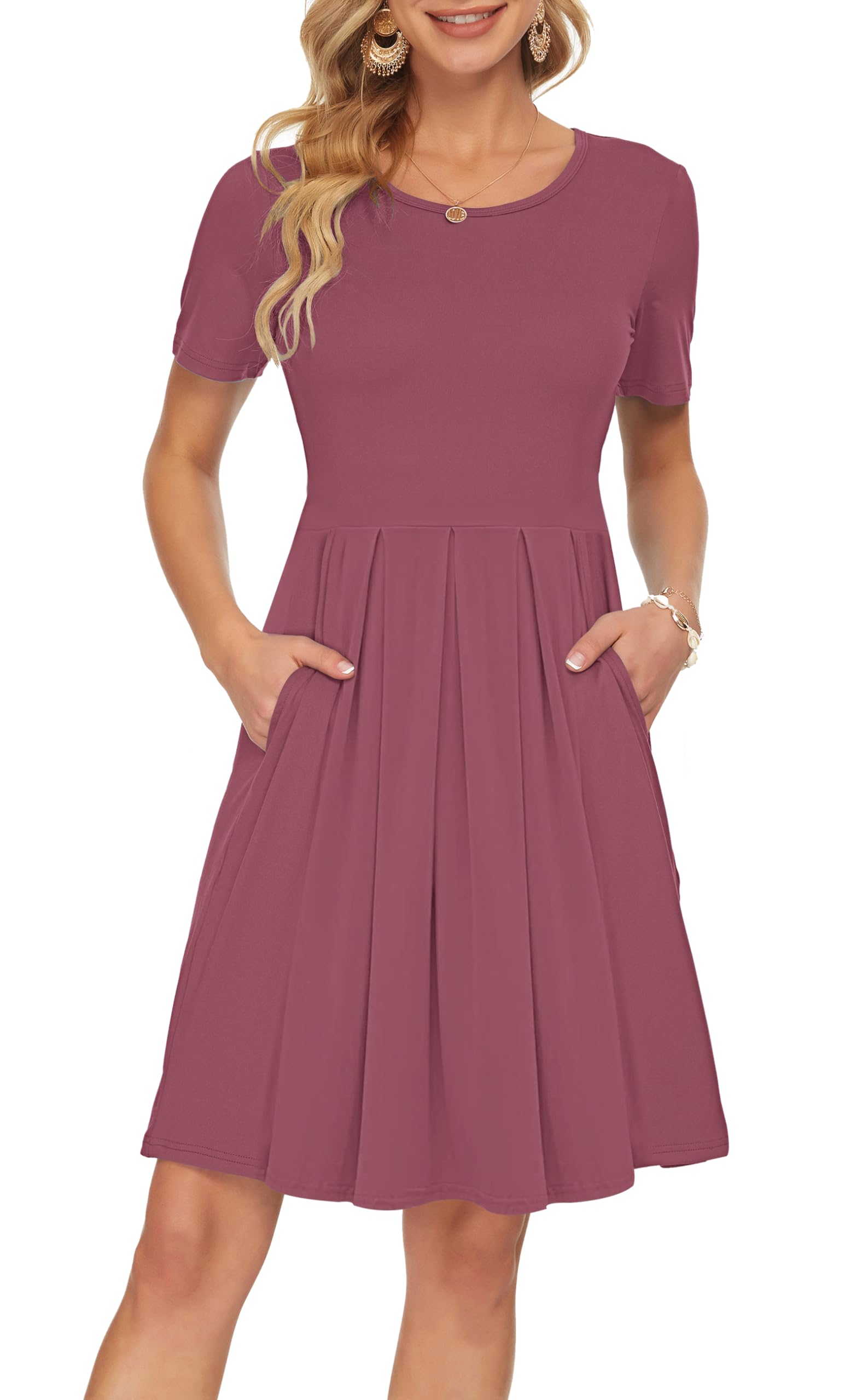 Sylphine Damenkleid – Kurze Ärmel, Weite Plissierte Passform & Taschen Knielang