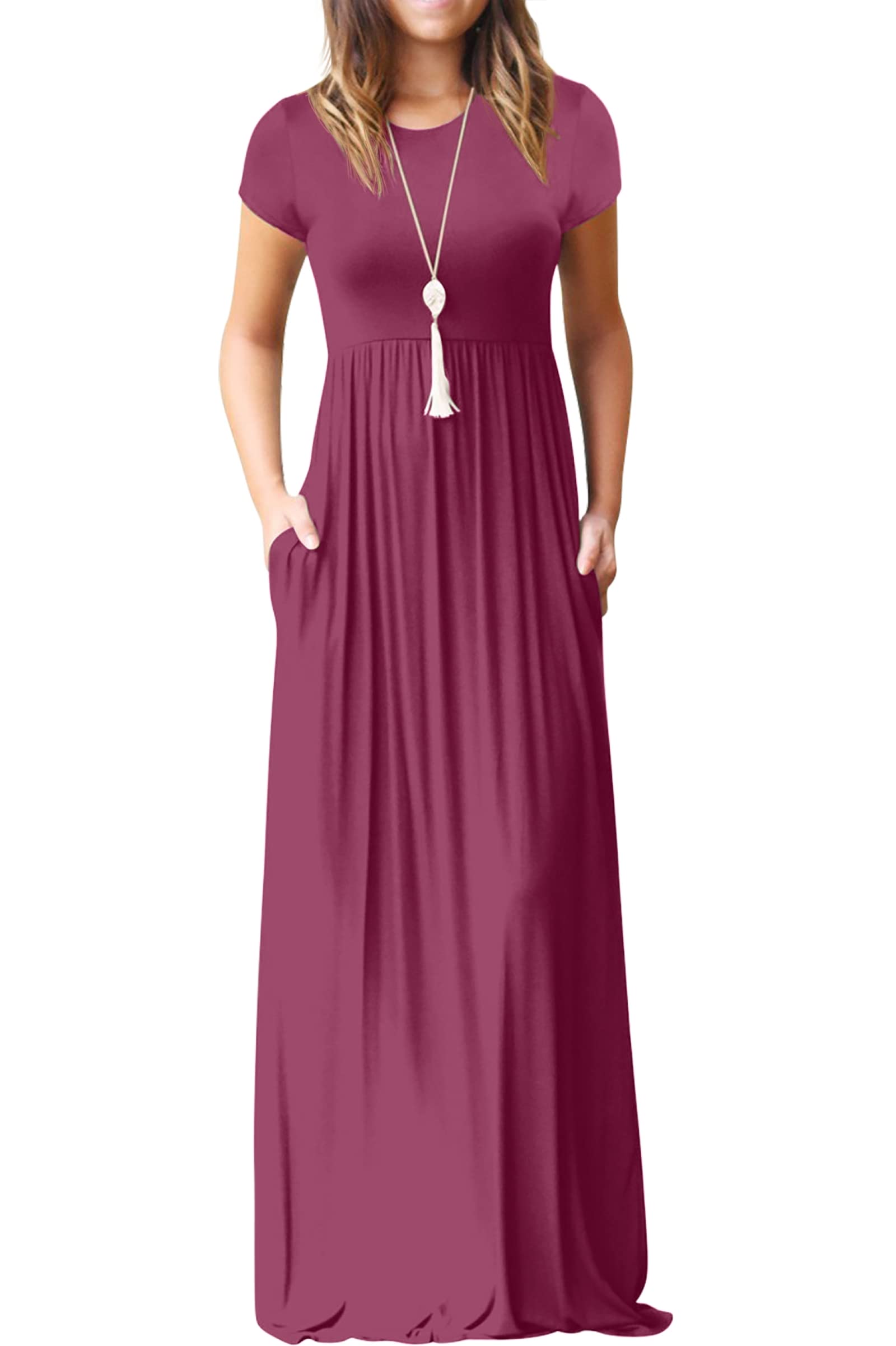 Bridget Maxikleid für Damen – Rundhalsausschnitt Uni, Fließender Schnitt & Hohe Taille mit Taschen Sommer