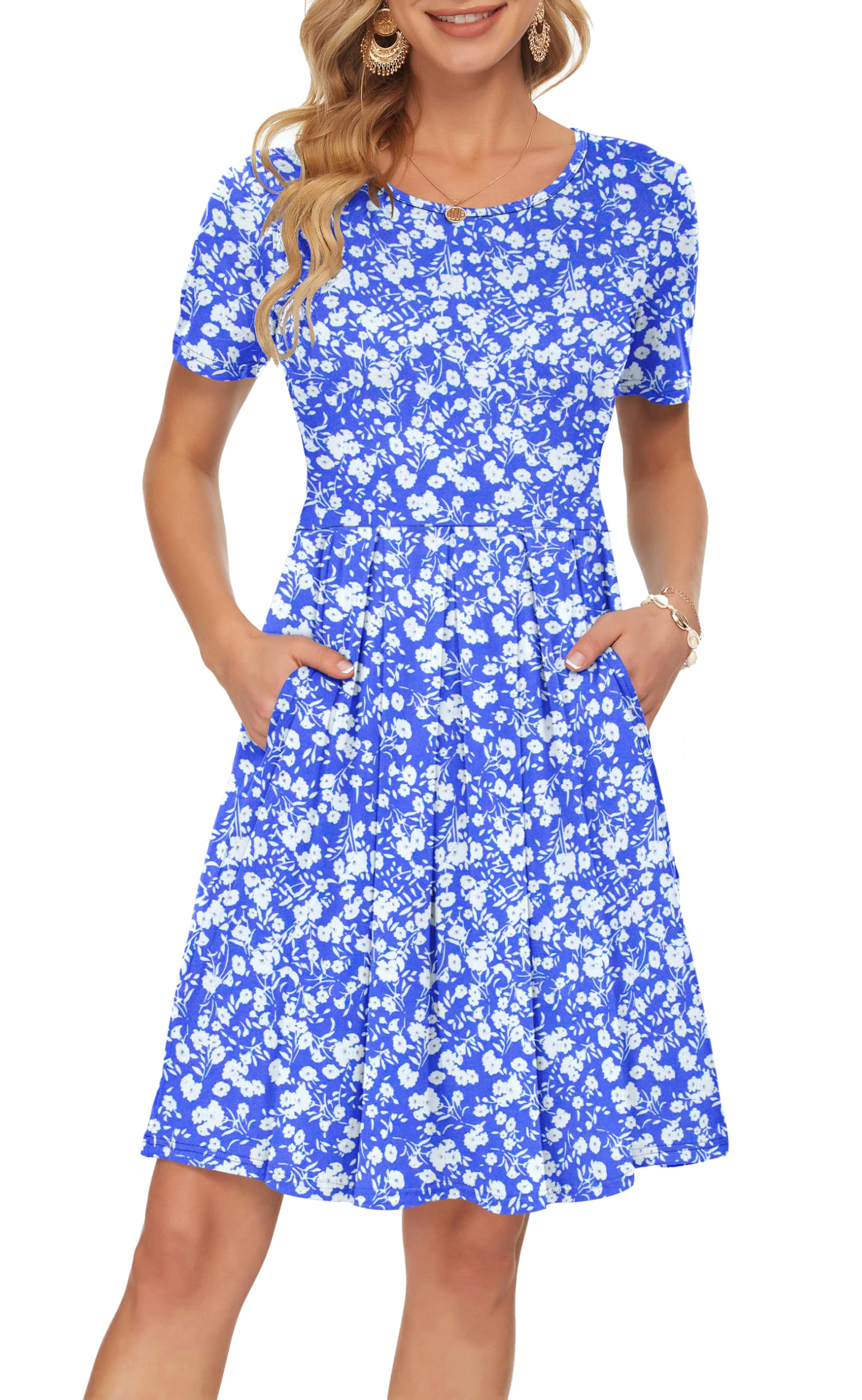 Sylphine Damenkleid – Kurze Ärmel, Weite Plissierte Passform & Taschen Knielang