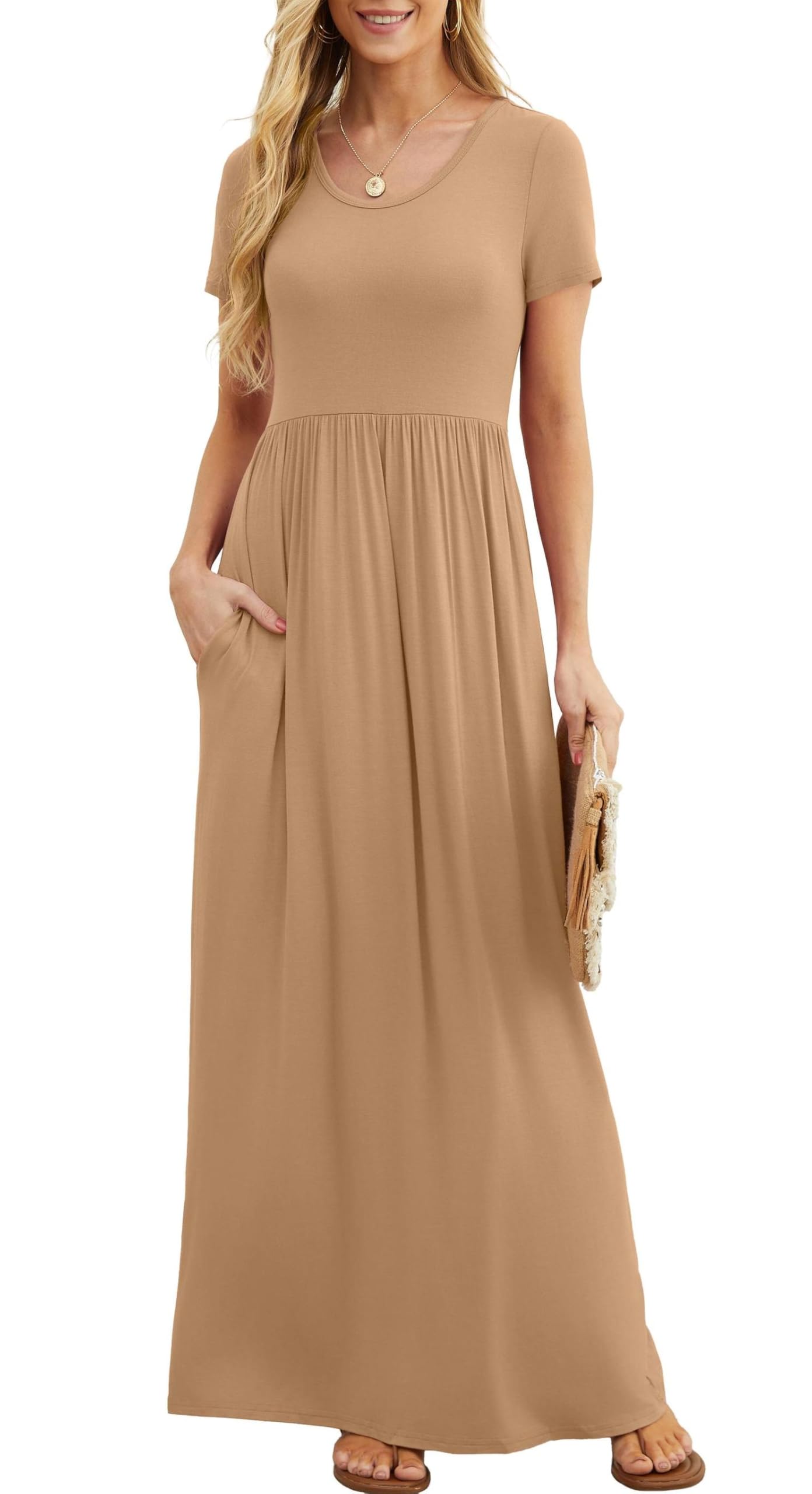 Bridget Maxikleid für Damen – Rundhalsausschnitt Uni, Fließender Schnitt & Hohe Taille mit Taschen Sommer