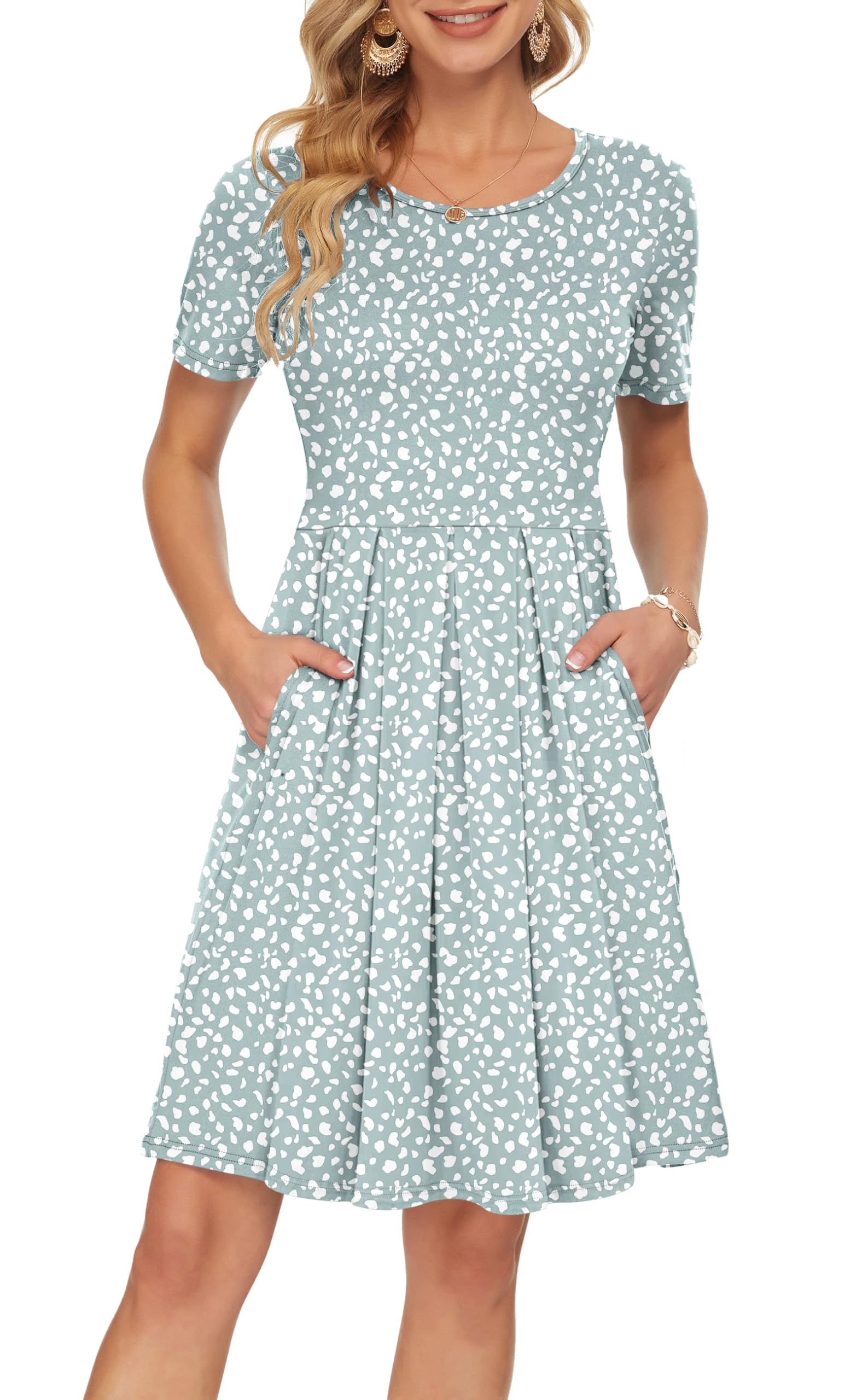 Sylphine Damenkleid – Kurze Ärmel, Weite Plissierte Passform & Taschen Knielang