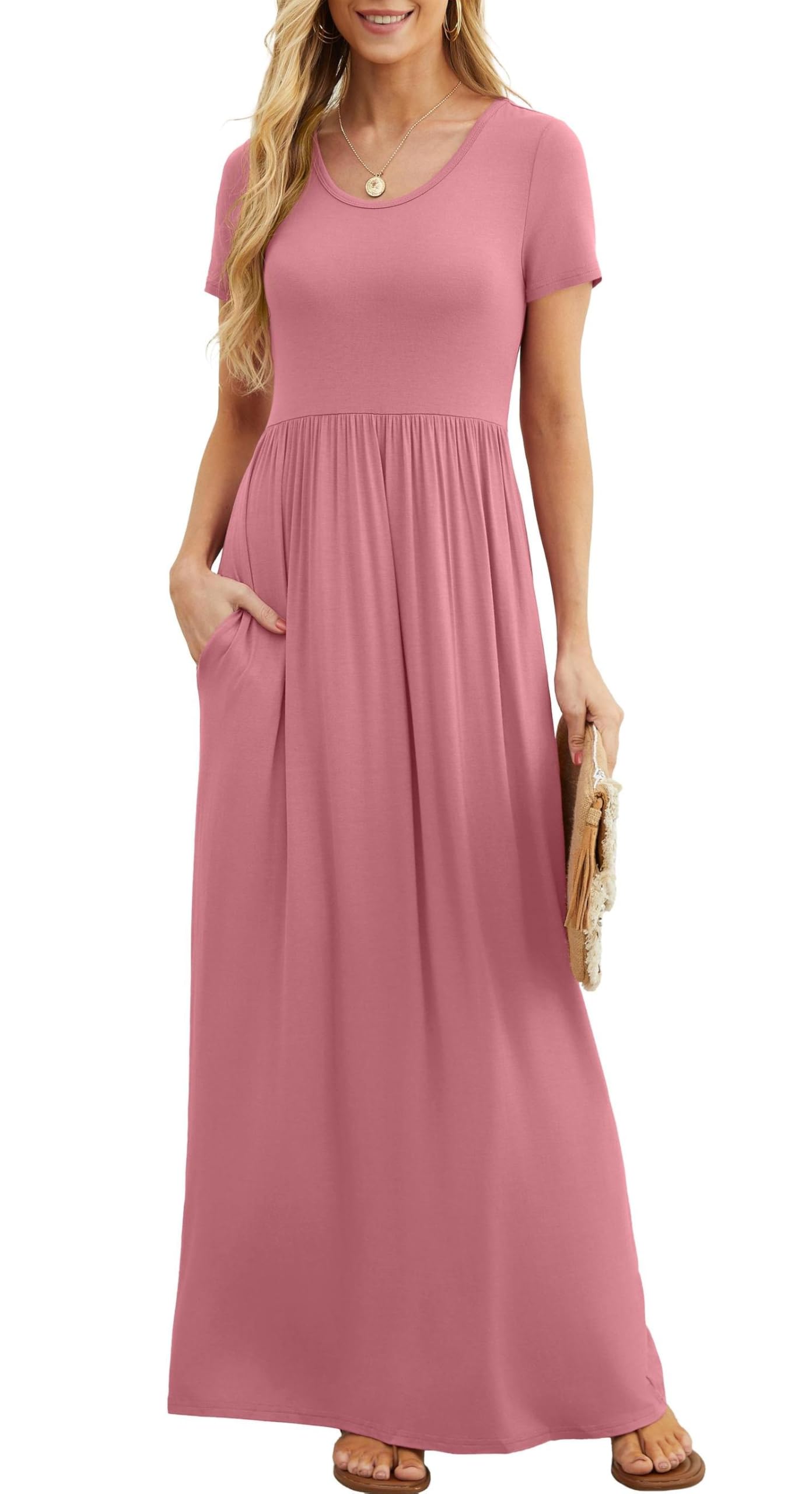 Bridget Maxikleid für Damen – Rundhalsausschnitt Uni, Fließender Schnitt & Hohe Taille mit Taschen Sommer