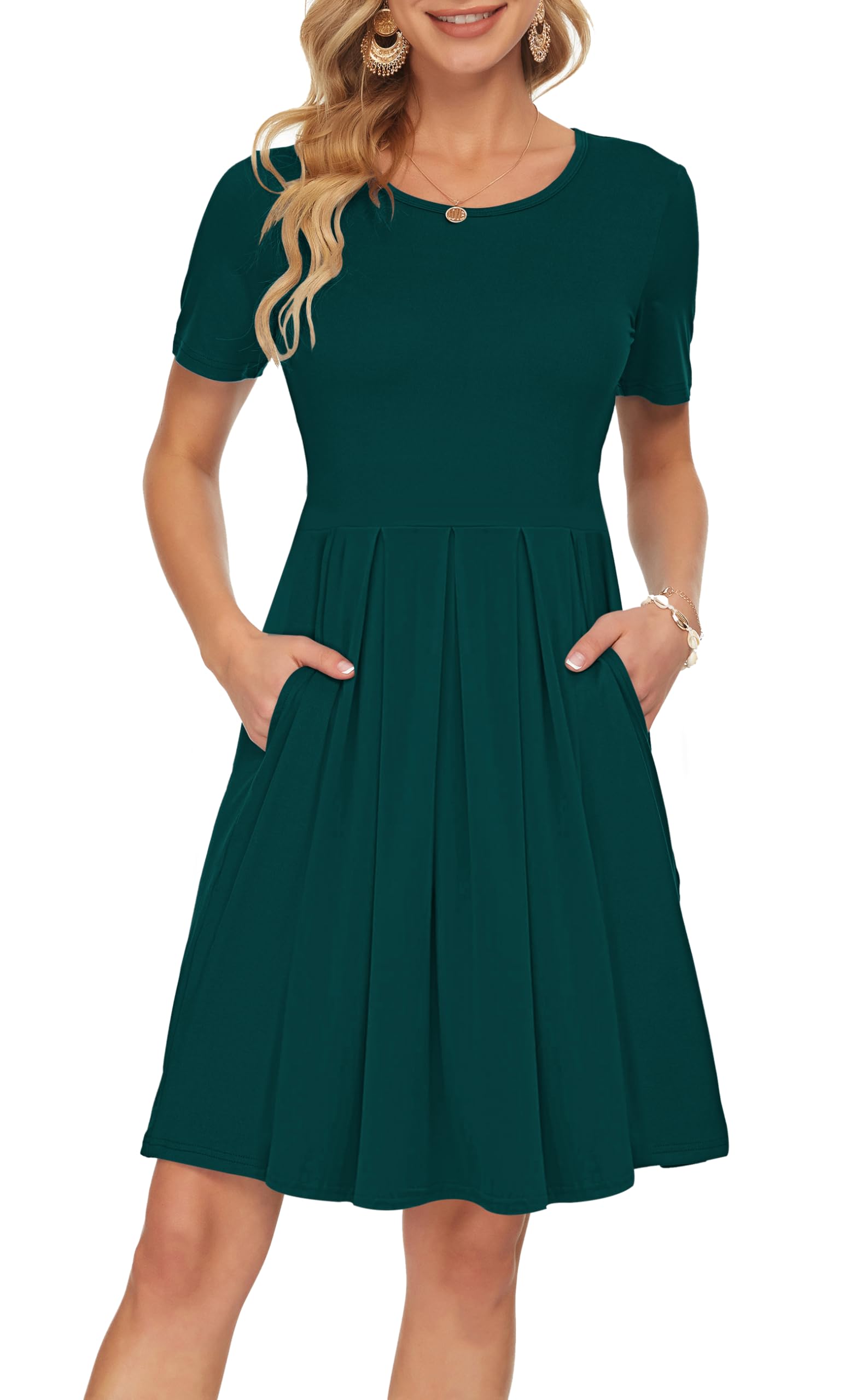 Sylphine Damenkleid – Kurze Ärmel, Weite Plissierte Passform & Taschen Knielang