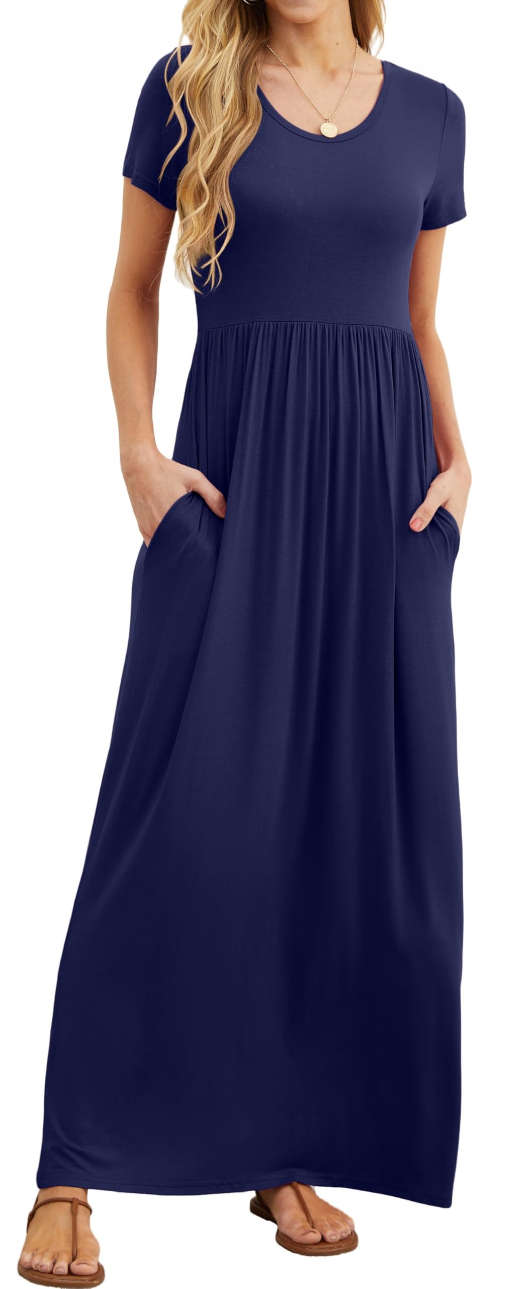 Bridget Maxikleid für Damen – Rundhalsausschnitt Uni, Fließender Schnitt & Hohe Taille mit Taschen Sommer