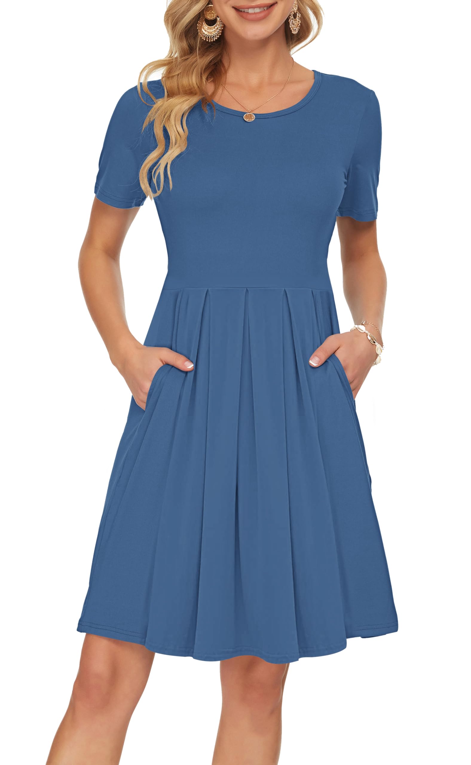 Sylphine Damenkleid – Kurze Ärmel, Weite Plissierte Passform & Taschen Knielang