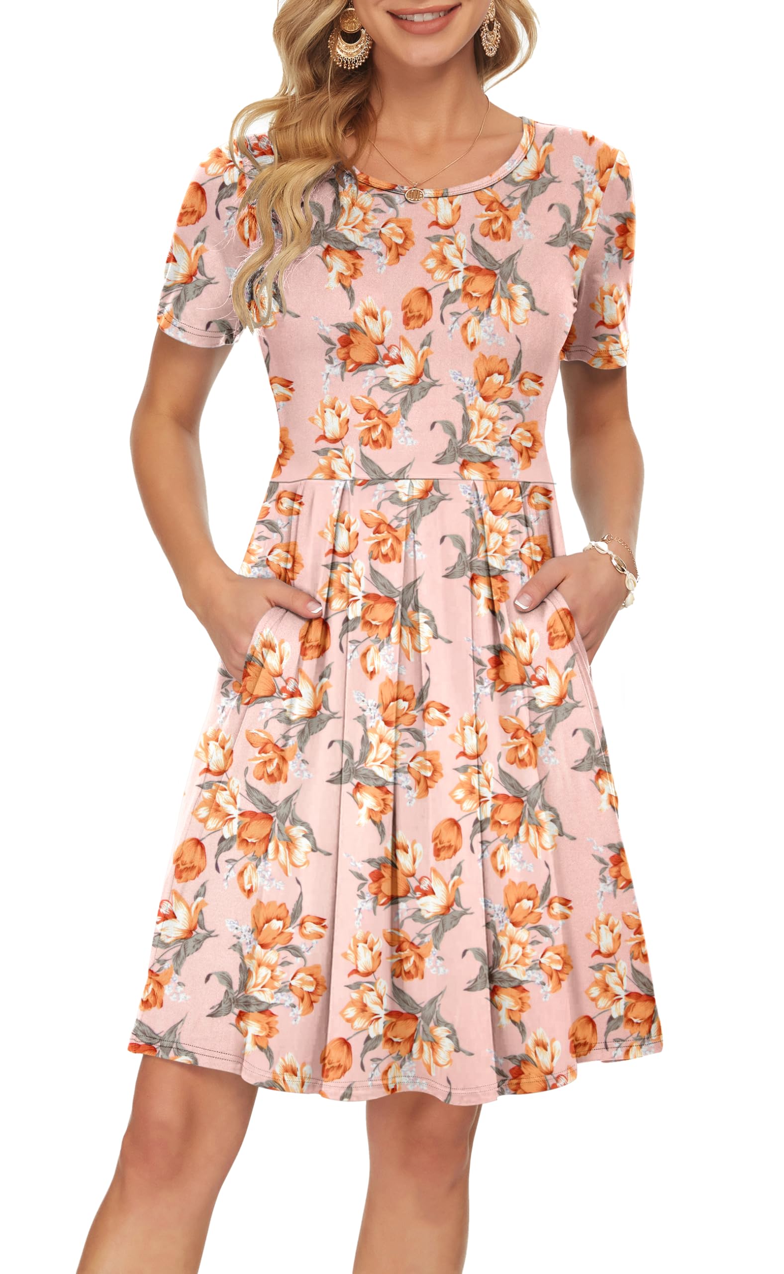 Sylphine Damenkleid – Kurze Ärmel, Weite Plissierte Passform & Taschen Knielang