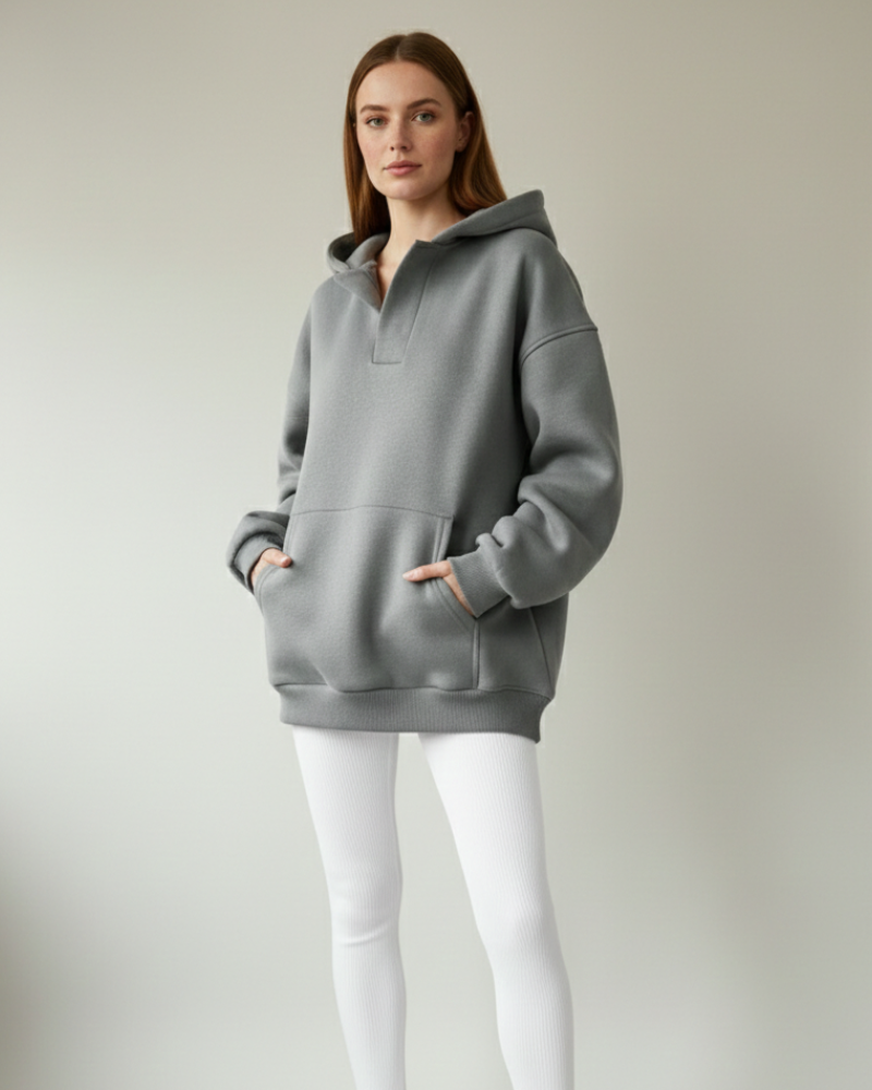 Bluza z kapturem Gianna damska oversize z dekoltem w serek – nowoczesna, komfortowa polarowa bluza z kapturem