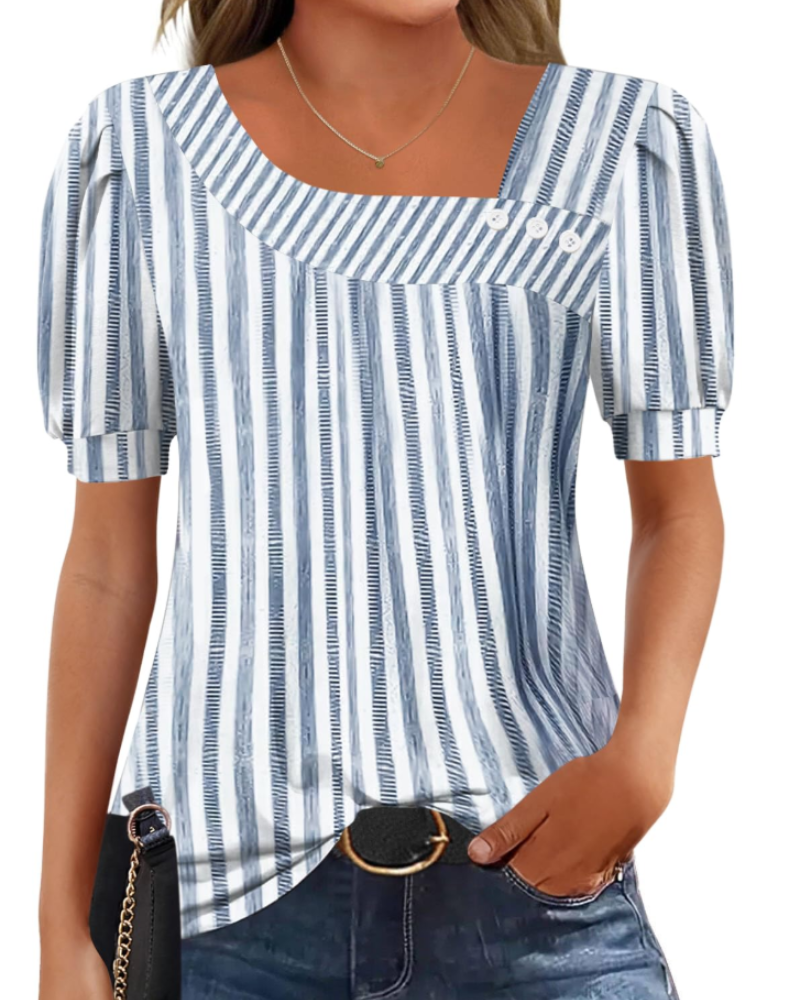 Samira Top Femme – Aszimmetrikus négyzetnyakú, gombos blúz, elegáns rövid ujjakkal