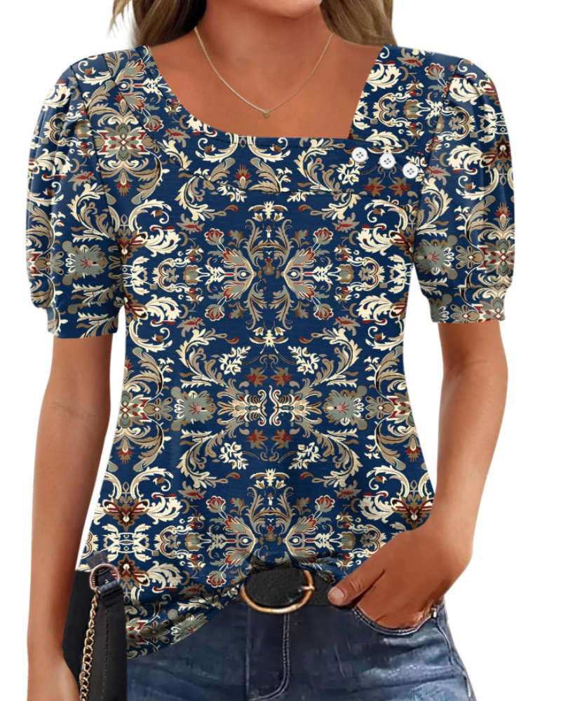 Samira Top Femme – Aszimmetrikus négyzetnyakú, gombos blúz, elegáns rövid ujjakkal