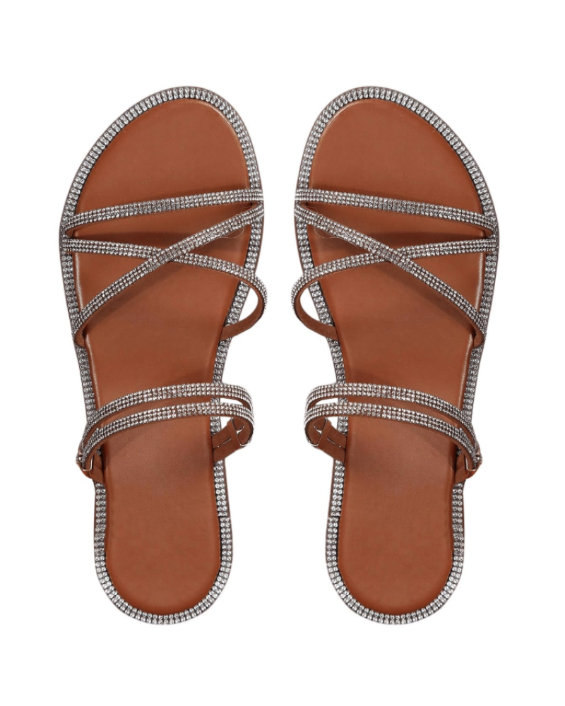 Sandálias Wren Mulher – Mules Rasas com Tiras, Strass e Design Elegante de Verão