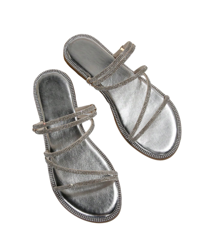 Sandálias Wren Mulher – Mules Rasas com Tiras, Strass e Design Elegante de Verão