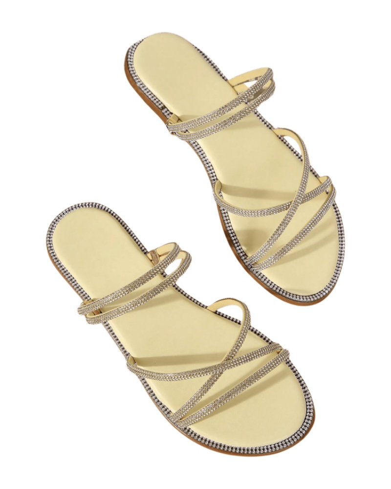 Sandálias Wren Mulher – Mules Rasas com Tiras, Strass e Design Elegante de Verão