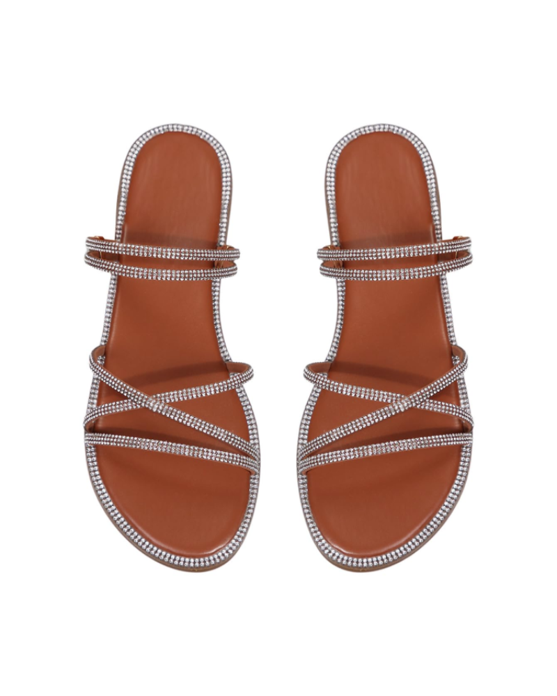Sandálias Wren Mulher – Mules Rasas com Tiras, Strass e Design Elegante de Verão