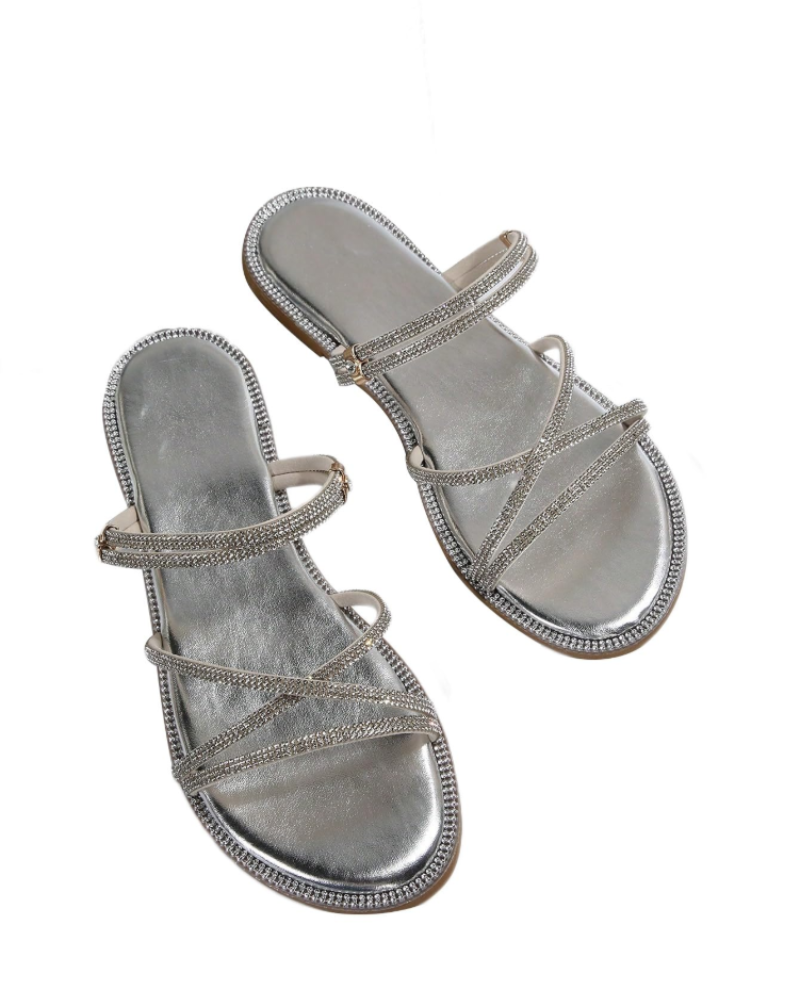 Sandálias Wren Mulher – Mules Rasas com Tiras, Strass e Design Elegante de Verão