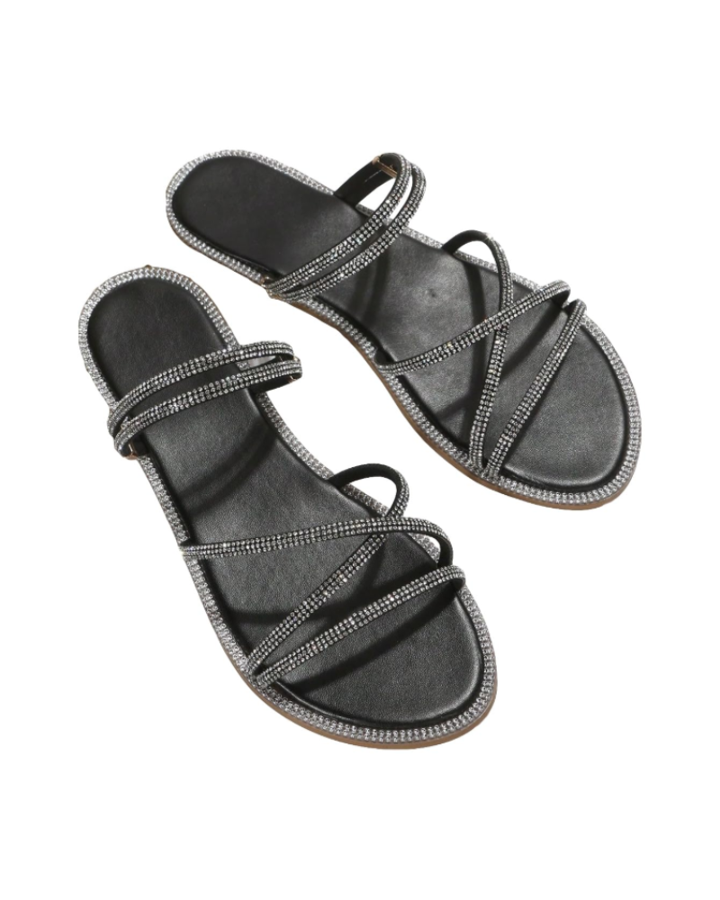 Sandálias Wren Mulher – Mules Rasas com Tiras, Strass e Design Elegante de Verão