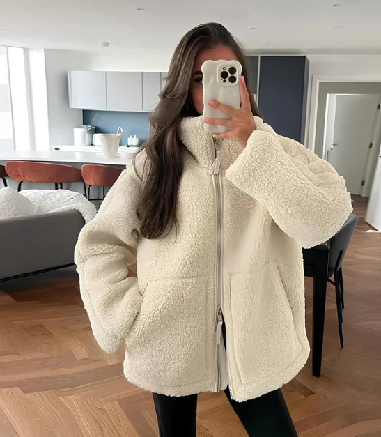 Fely Teddy Jas Dames – Warme Oversized Jas met Hoge Kraag & Ultra Zacht Stof