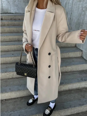 Talia Lange Damesmantel – Elegante Wintertrench met Riem & Warme Voering