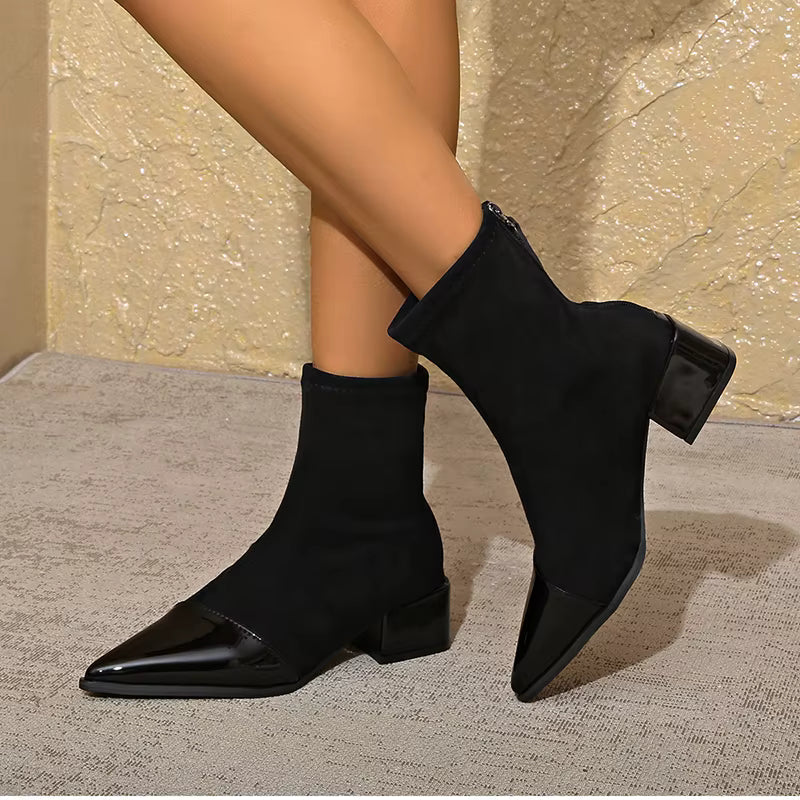 Gracia Dame Støvletter – Elegante Semsket Skinn Boots med Lakkdetaljer & Komfortabel Blokk Hæl