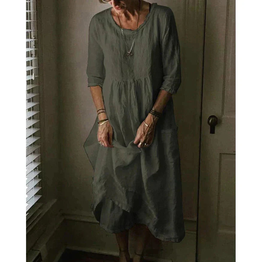 Félesca Robe Maxi Femme – Mélange Aéré de Coton et Lin, Col Rond & Manches Courtes