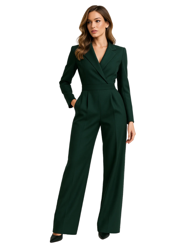Eleyna Combinaison Femme Style Blazer – Col V Profond, Jambes Larges & Coupe Élégante