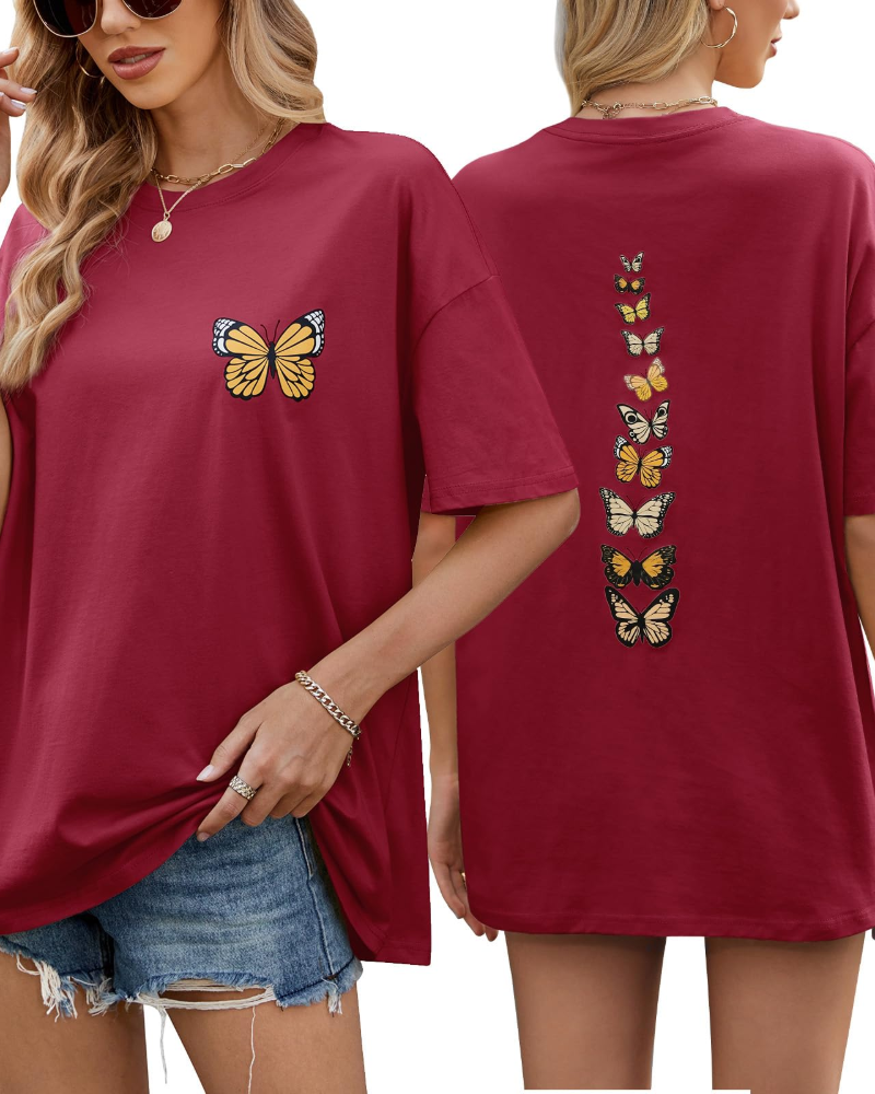 Sloane T-Shirt Oversize Femme – Tee Vintage en Coton avec Imprimé Papillon & Coupe Loose
