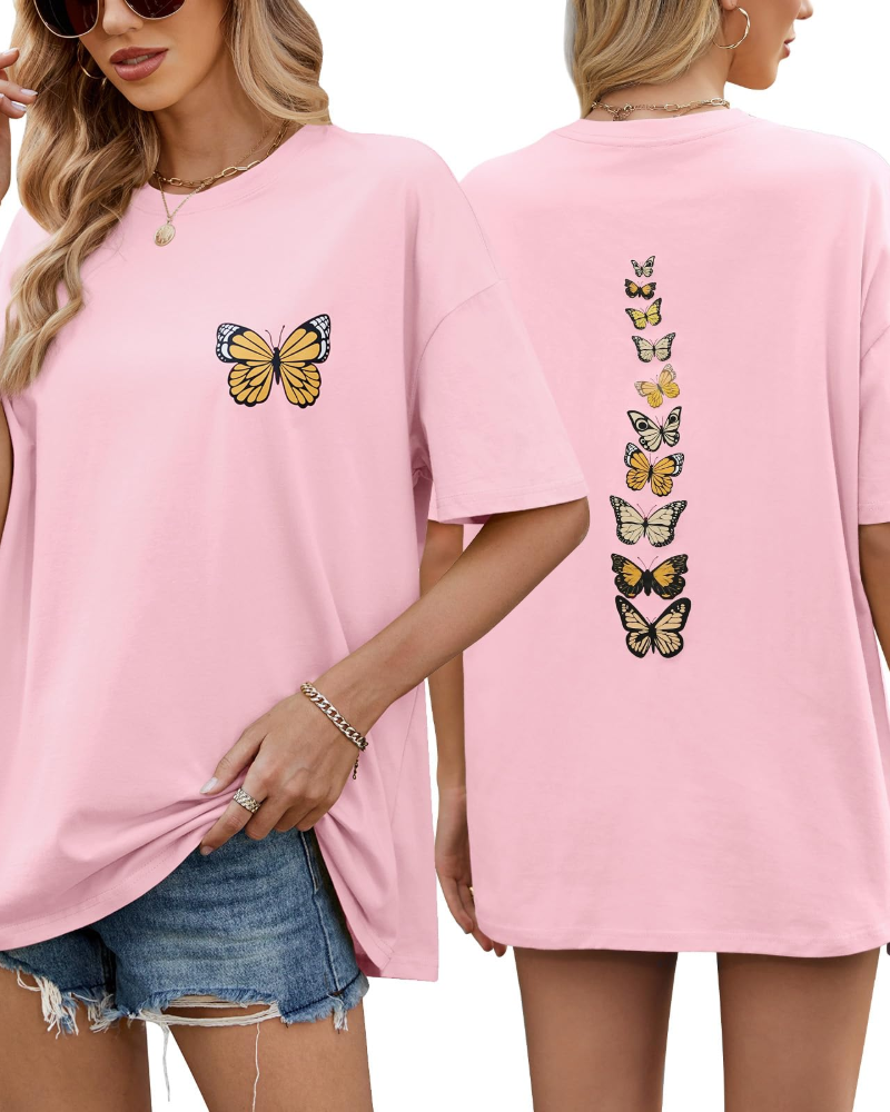 Sloane T-Shirt Oversize Femme – Tee Vintage en Coton avec Imprimé Papillon & Coupe Loose