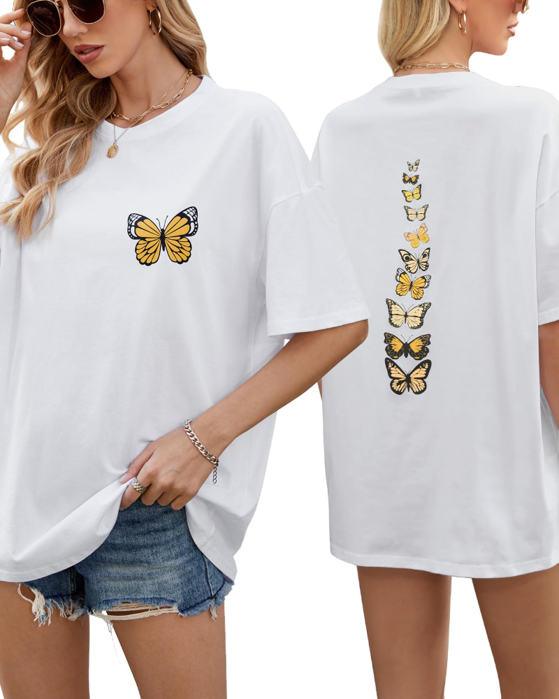 Sloane T-Shirt Oversize Femme – Tee Vintage en Coton avec Imprimé Papillon & Coupe Loose