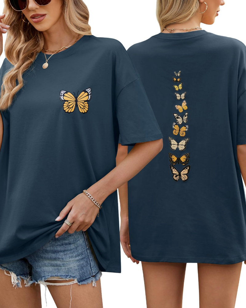Sloane T-Shirt Oversize Femme – Tee Vintage en Coton avec Imprimé Papillon & Coupe Loose