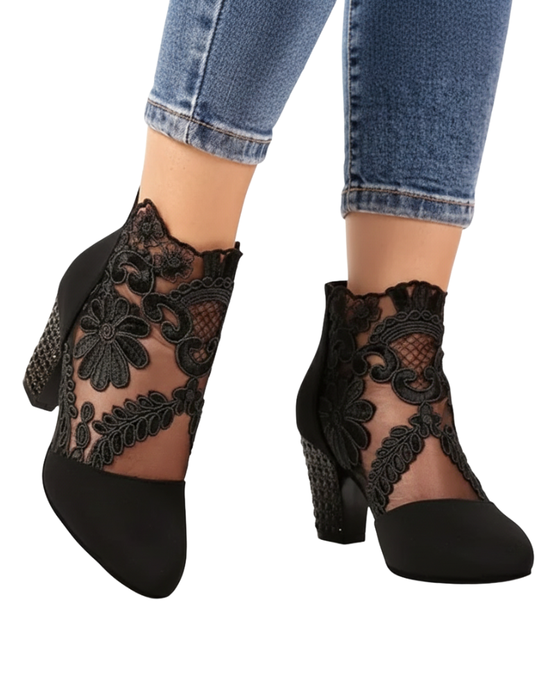 Chelsea Pantofi pentru Femei din Plasă – Pantofi Eleganți cu Model Floral și Toc
