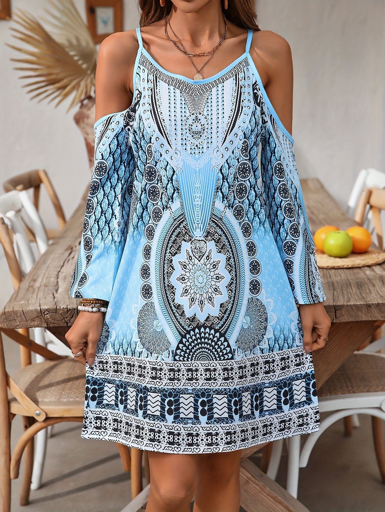 Soleandra Női Ruha – Bohém Félhosszú Ujjatlan Ruha Vintage Chic Nyomattal Nyárra