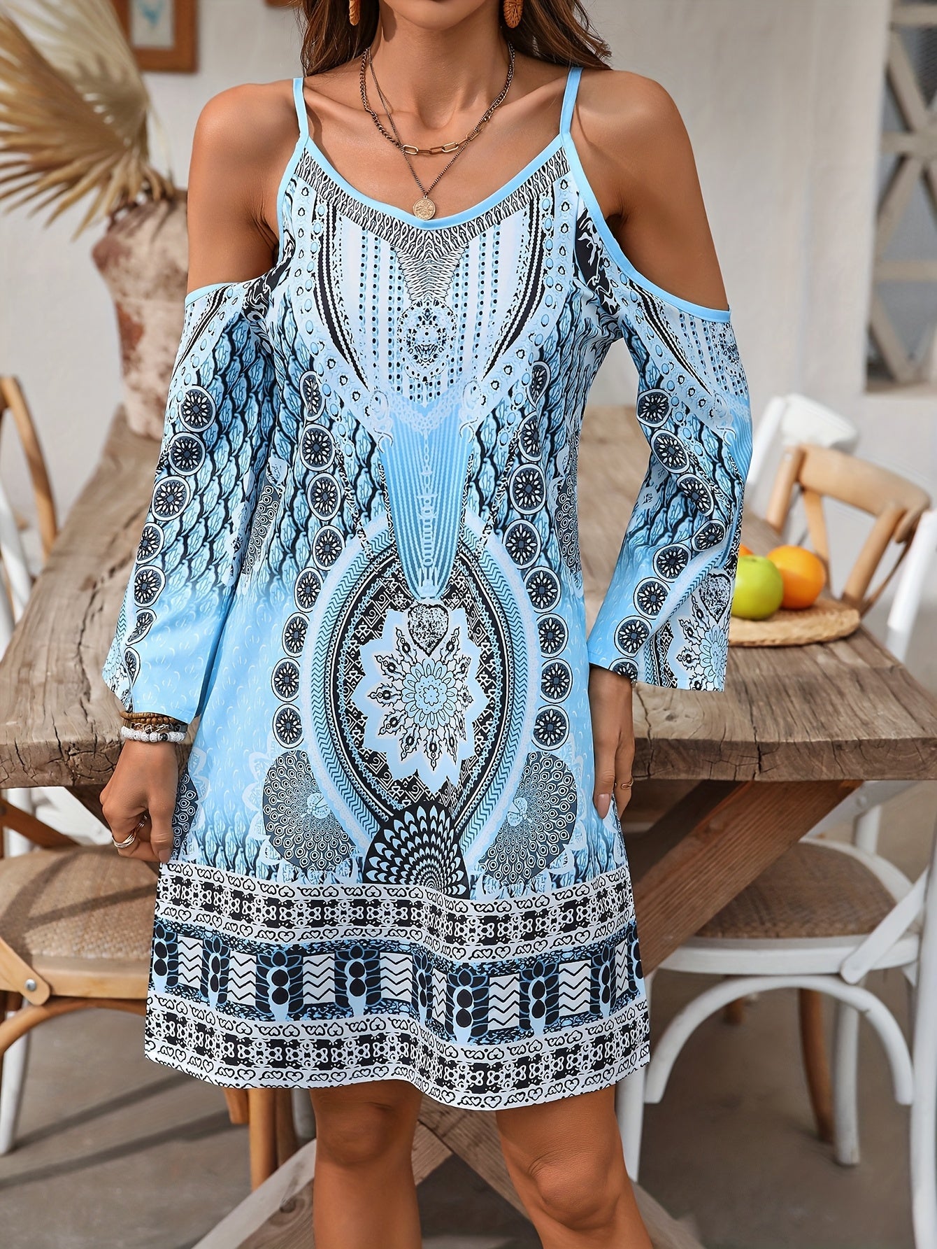 Soleandra Női Ruha – Bohém Félhosszú Ujjatlan Ruha Vintage Chic Nyomattal Nyárra