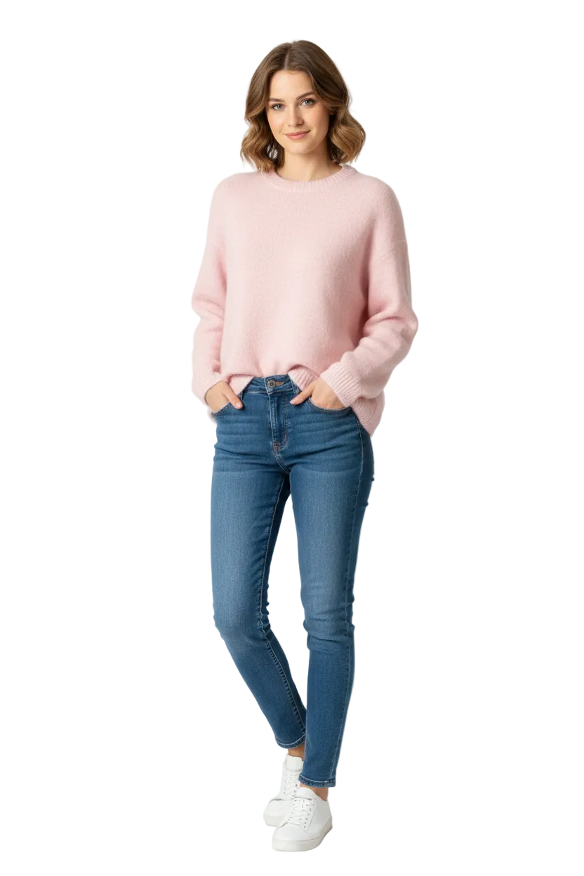 Bodina Pull Femme Tricot Doux Oversize – Col Rond & Manches Ballon Élégantes