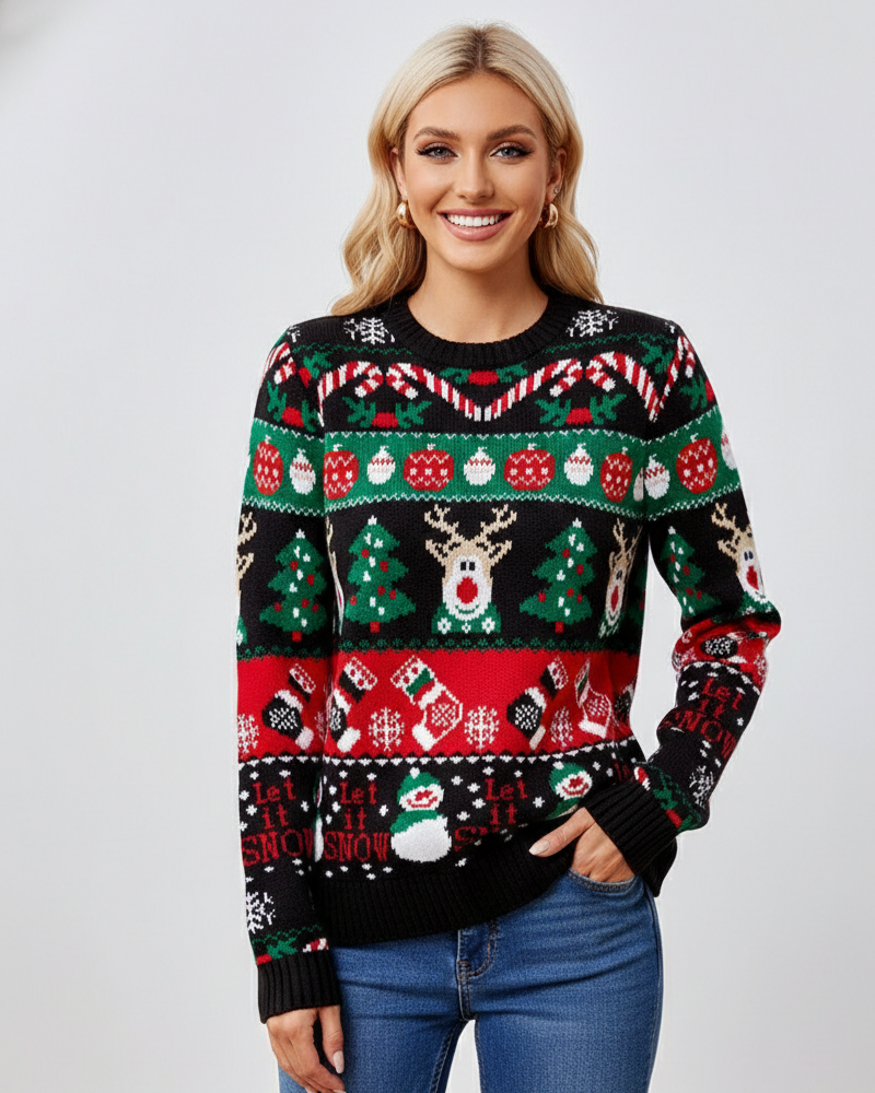 Cardigan Clemence Donna Lavorato a Maglia – Gilet Festivo con Scollo a V, Bottoni e Motivi Invernali