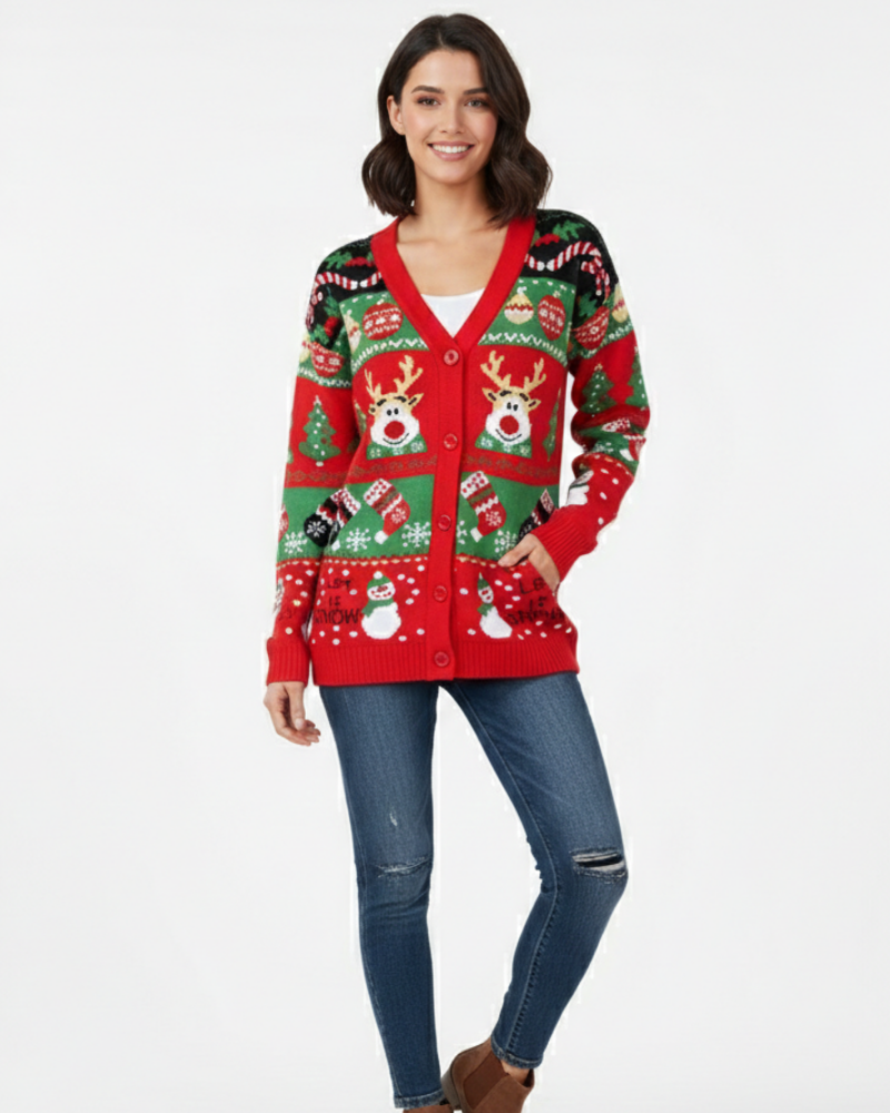 Cardigan Clemence Donna Lavorato a Maglia – Gilet Festivo con Scollo a V, Bottoni e Motivi Invernali