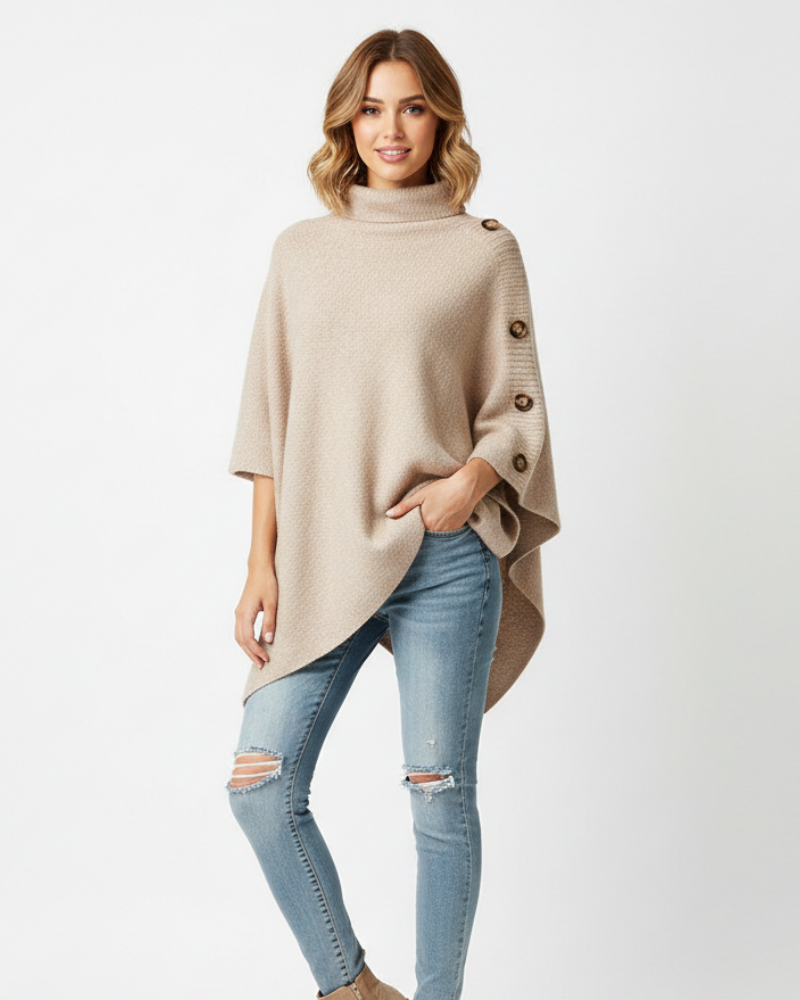 Elayne Poncho Ull Dame – Oversize Poncho Elegant med Høy Hals og Asymmetrisk Finish