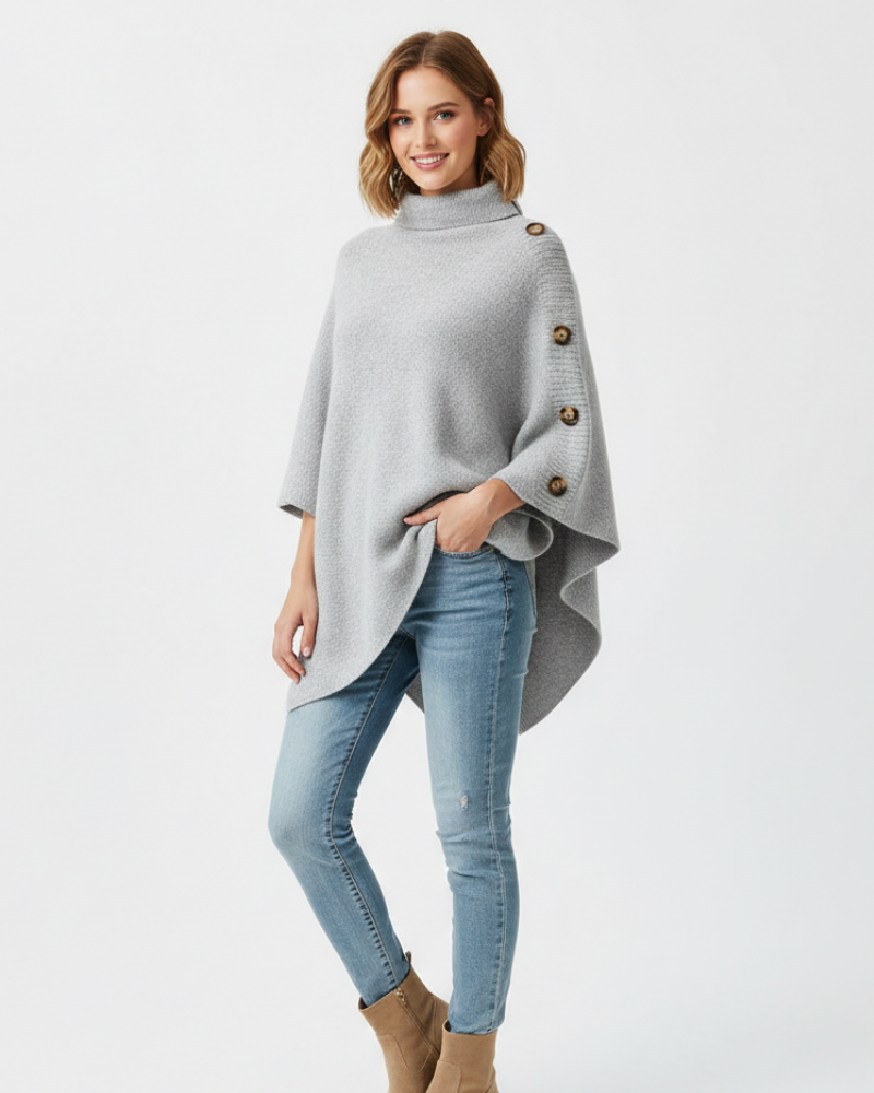 Elayne Poncho Ull Dame – Oversize Poncho Elegant med Høy Hals og Asymmetrisk Finish