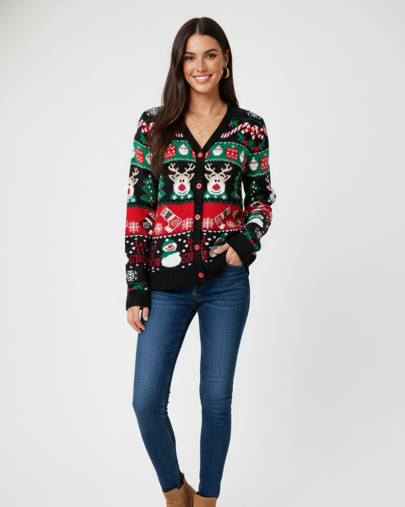 Cardigan Clemence Donna Lavorato a Maglia – Gilet Festivo con Scollo a V, Bottoni e Motivi Invernali