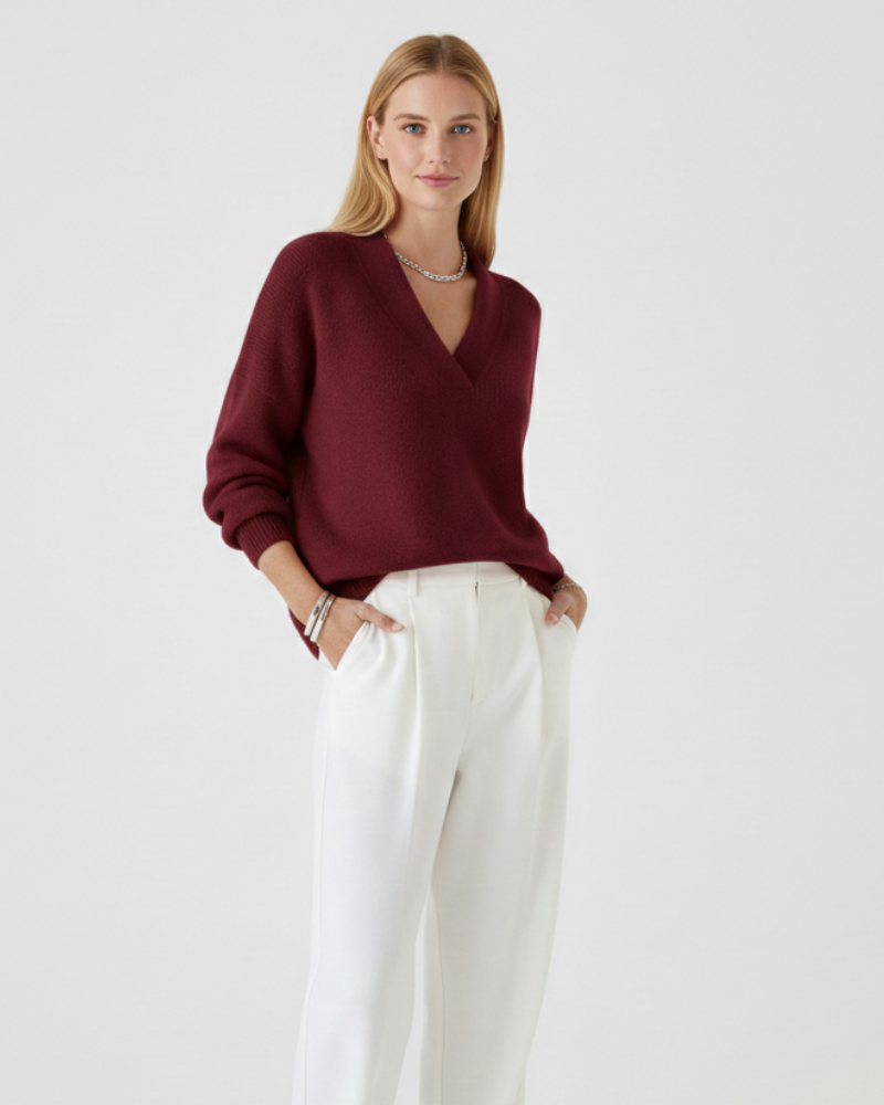 Alexandra Pull Femme Col V Doux – Coupe Fluide & Élégance Quotidienne Automne/Hiver