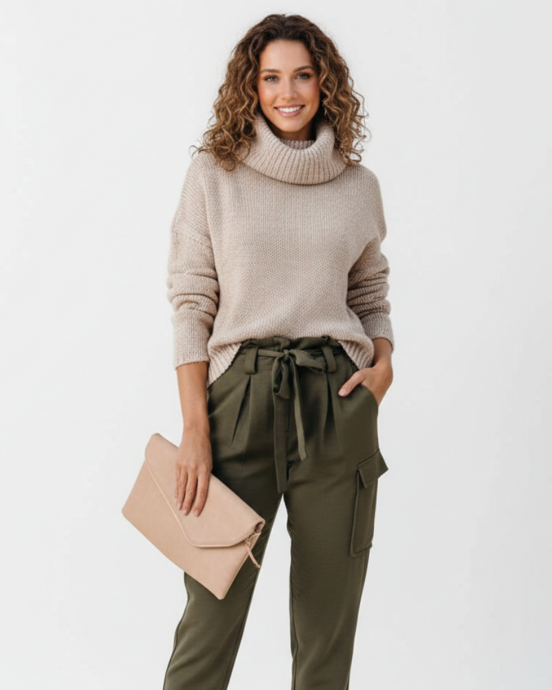 Maglione Celeste Donna – Collo Ribaltato, Maglia Spessa e Taglio Ampio Elegante