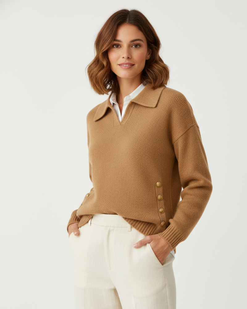 Anna Pull Femme Chic – Maille Douce Col V avec Col Chemise & Boutons Dorés