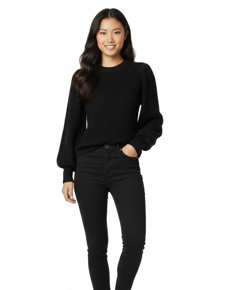 Amely dame ribstrikket sweater – elegant sweater med pufærmer og rund hals