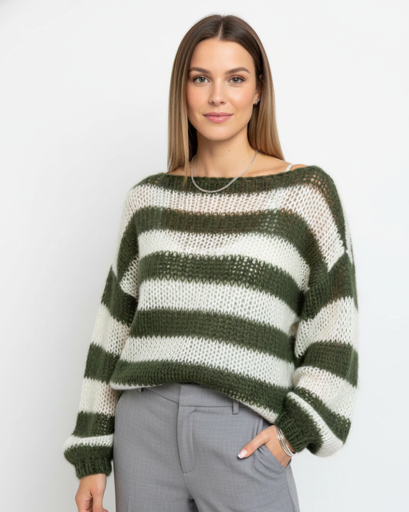 Tes Pull Ριγέ Oversize Γυναικεία – Μαλακό Πλεκτό με Χαλαρή Γραμμή, Στρογγυλή Λαιμόκοψη & Άνετο Στυλ