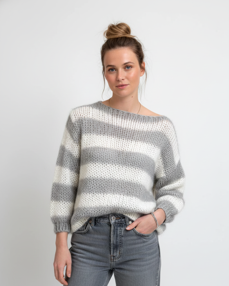 Tes Pull Ριγέ Oversize Γυναικεία – Μαλακό Πλεκτό με Χαλαρή Γραμμή, Στρογγυλή Λαιμόκοψη & Άνετο Στυλ