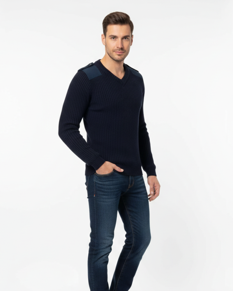 Jersey militar para hombre Cormac con cuello en V – Punto acanalado, hombros reforzados y estilo al aire libre