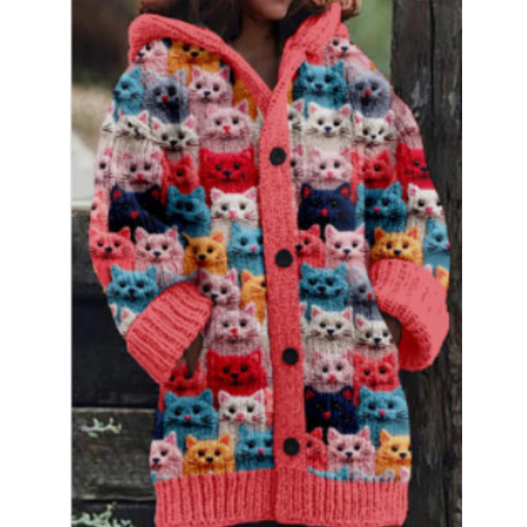 Cardigan Lenora Multicolored with Cat Patterns – Cozy & Original, Acrylic and Polyester Blend